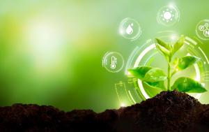 A close up shot of a young green plant growing in potting soil with a green blurry background. Some images around this plant depict a thermometer, a raindrop, the sun, and a chemical formula